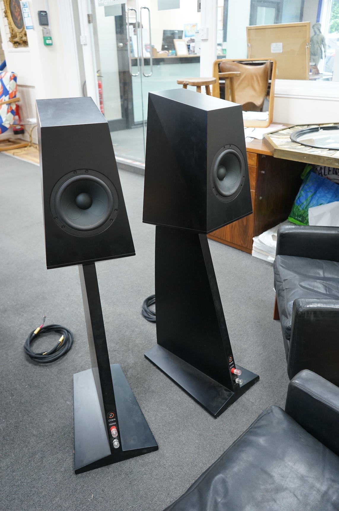A pair of Kaiser Acoustics Kawero Chiara loudspeakers, made in Germany, high density plywood cabinets and integrated stands, with the fronts in the rosewood finish, 116cm high, the base; 30cm x 47cm, together with two fl